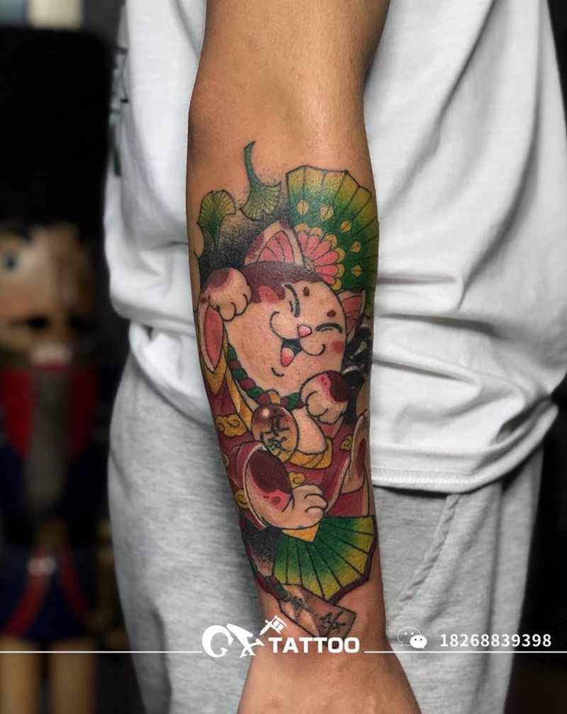 招财猫纹身图片_手臂老传统新传统鬼绣文化招财猫纹身图案