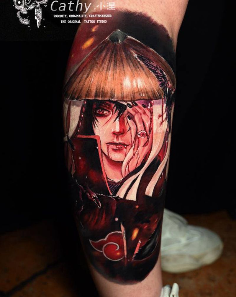 宇智波鼬纹身图片_腿部欧美写实动漫纹身图案