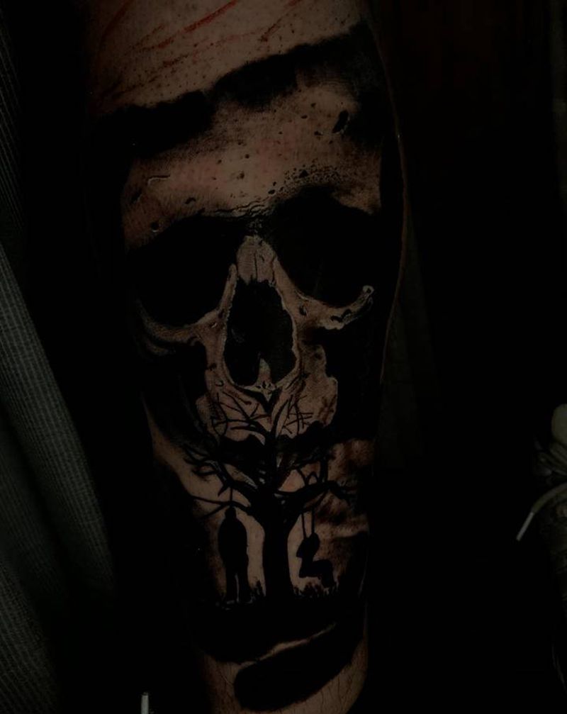 暗黑写实纹身图片_腿部欧美写实纹身图案