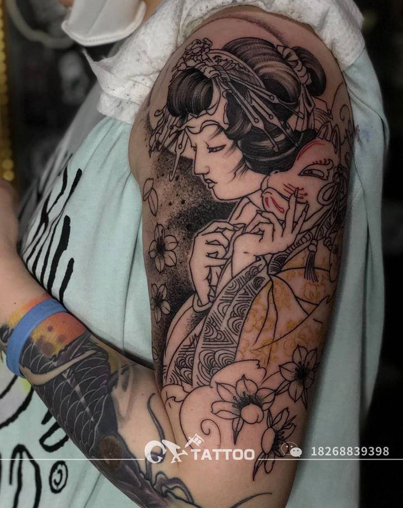 艺妓纹身图片_手臂新传统艺妓鬼绣文化纹身图案
