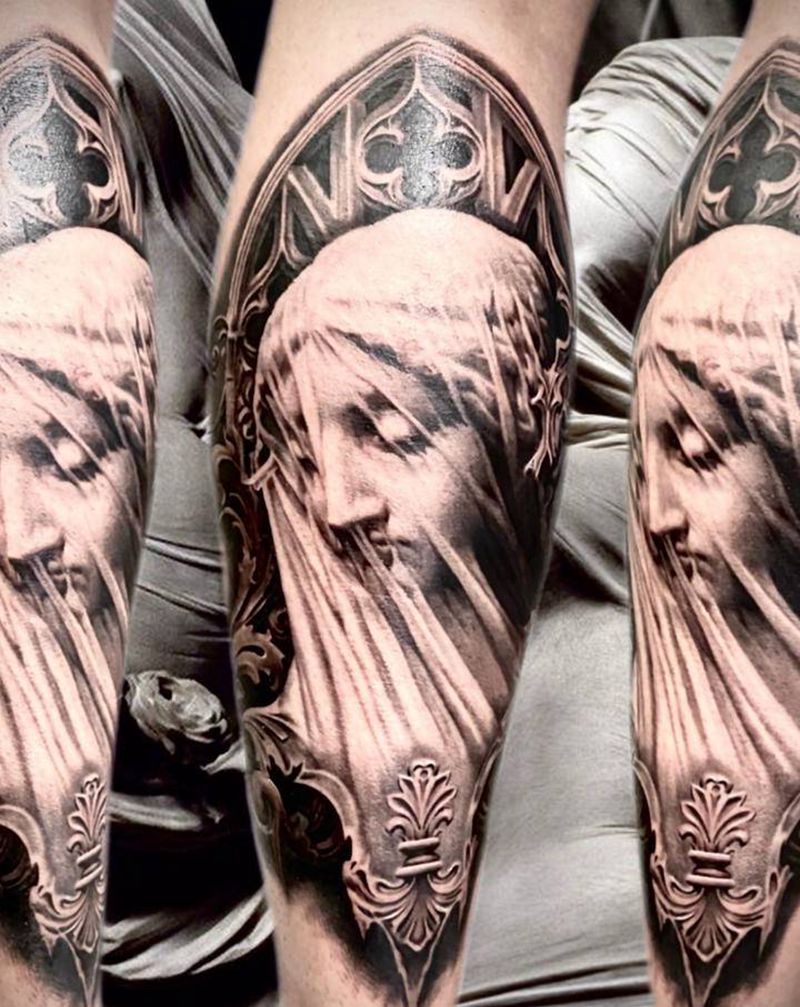 蒙着面纱的女人纹身图片_腿部脚部欧美写实雕塑建筑肖像纹身图案