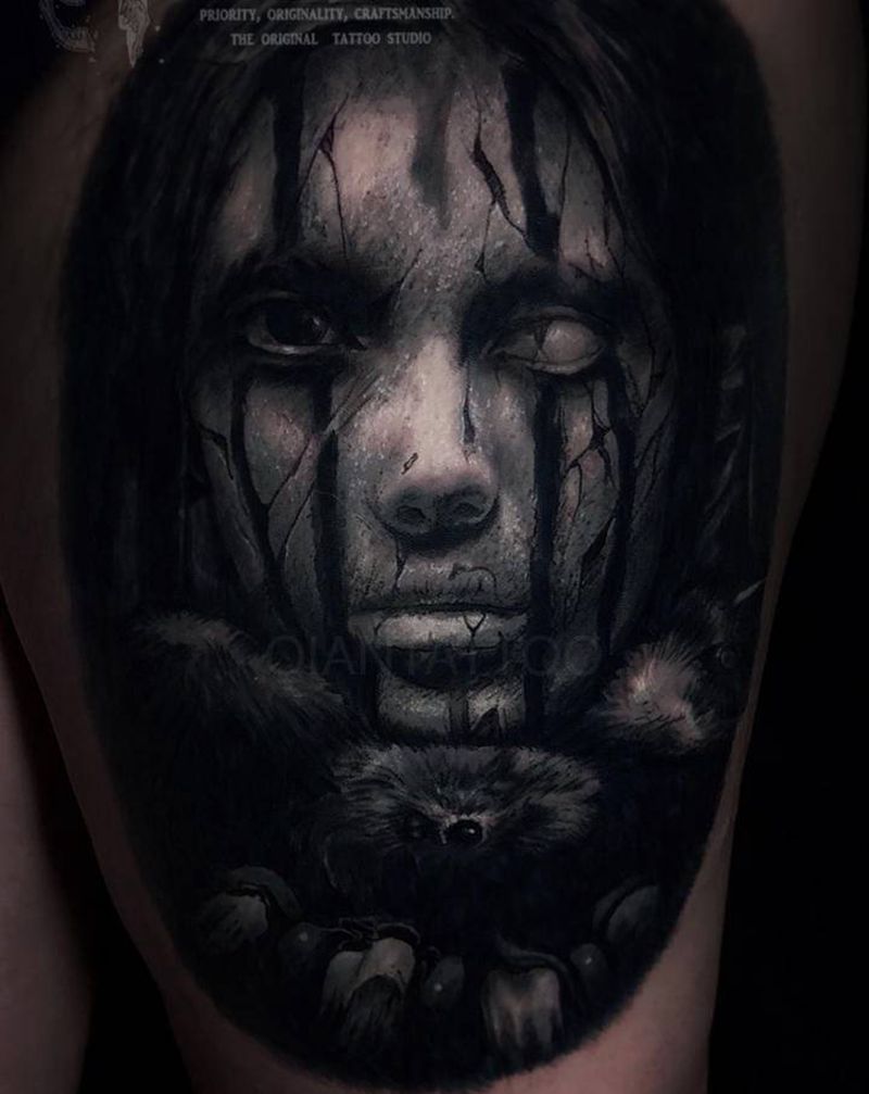 暗黑写实女像纹身图片_腿部欧美写实暗黑重庆写实纹身图案