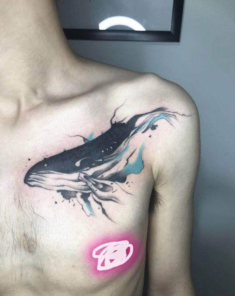 鲸鱼遮盖纹身图片_胸部水彩鲸鱼水彩纹身图案