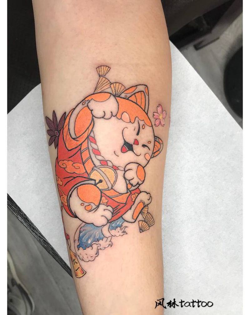 招财猫纹身图片_手臂新传统招财猫卡通纹身图案