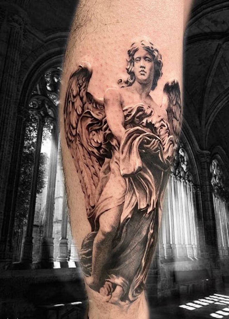 雕塑(遮盖)纹身图片_腿部欧美写实天使雕塑臂膀纹身图案