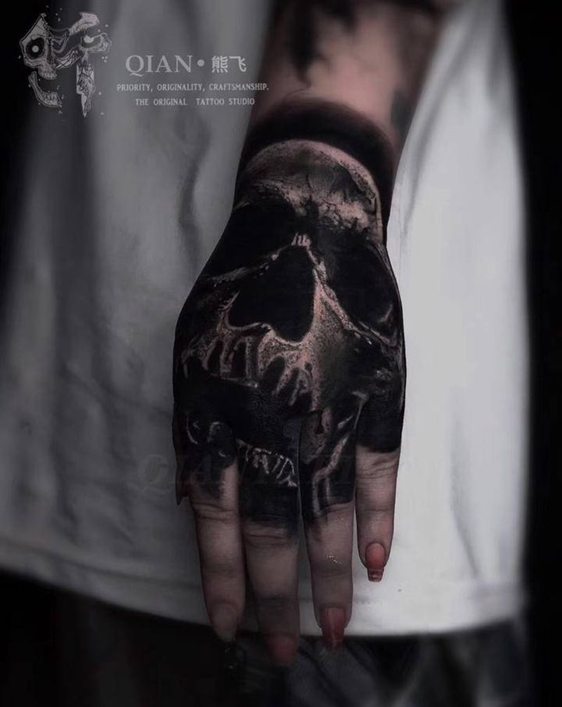暗黑骷髅纹身图片_手部欧美写实暗黑重庆爆手背纹身图案
