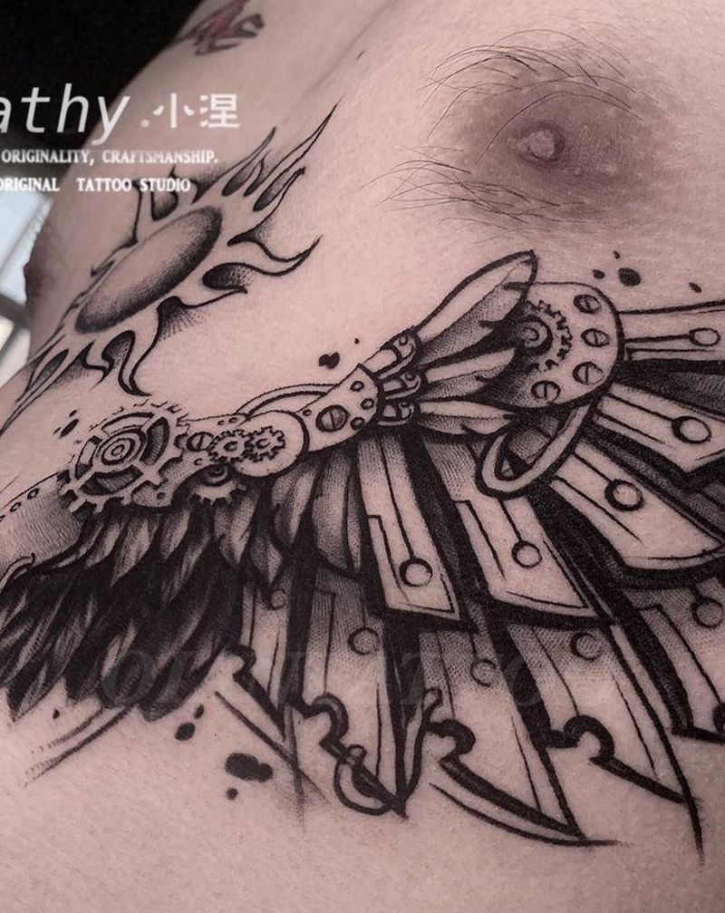 原创设计机械翅膀纹身图片_胸部欧美写实重庆原创翅膀纹身图案