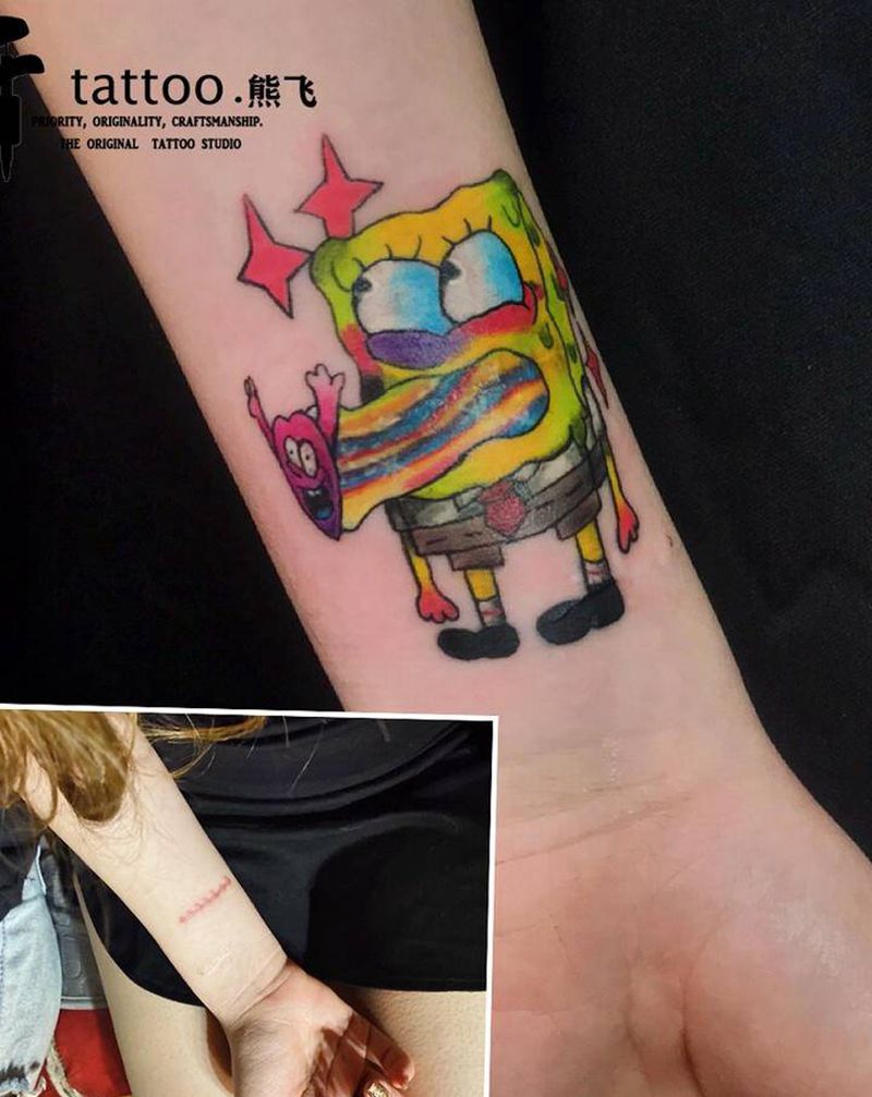 海绵宝宝纹身图片_手臂卡通遮盖重庆纹身图案