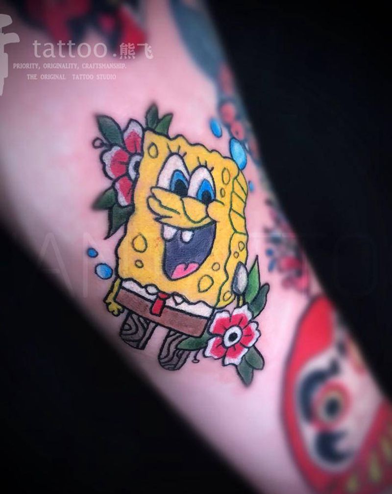海绵宝宝纹身图片_手臂手部Old School卡通纹身图案