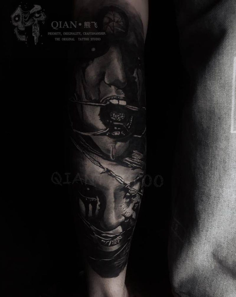 暗黑写实纹身图片_腿部欧美写实暗黑，血腥纹身图案