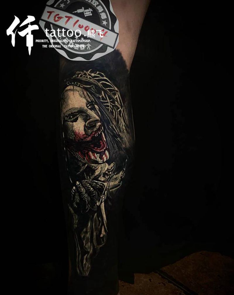 暗黑写实纹身图片_腿部欧美写实暗黑 血腥纹身图案