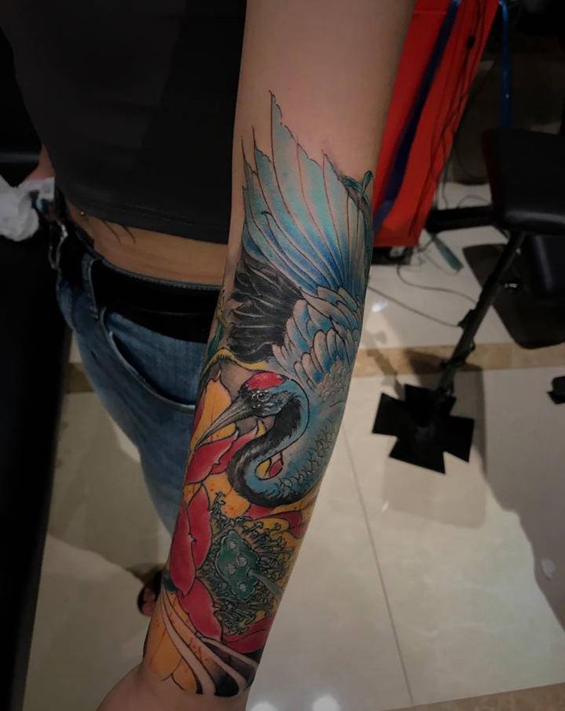 仙鹤纹身图片_手臂新传统纹身图案