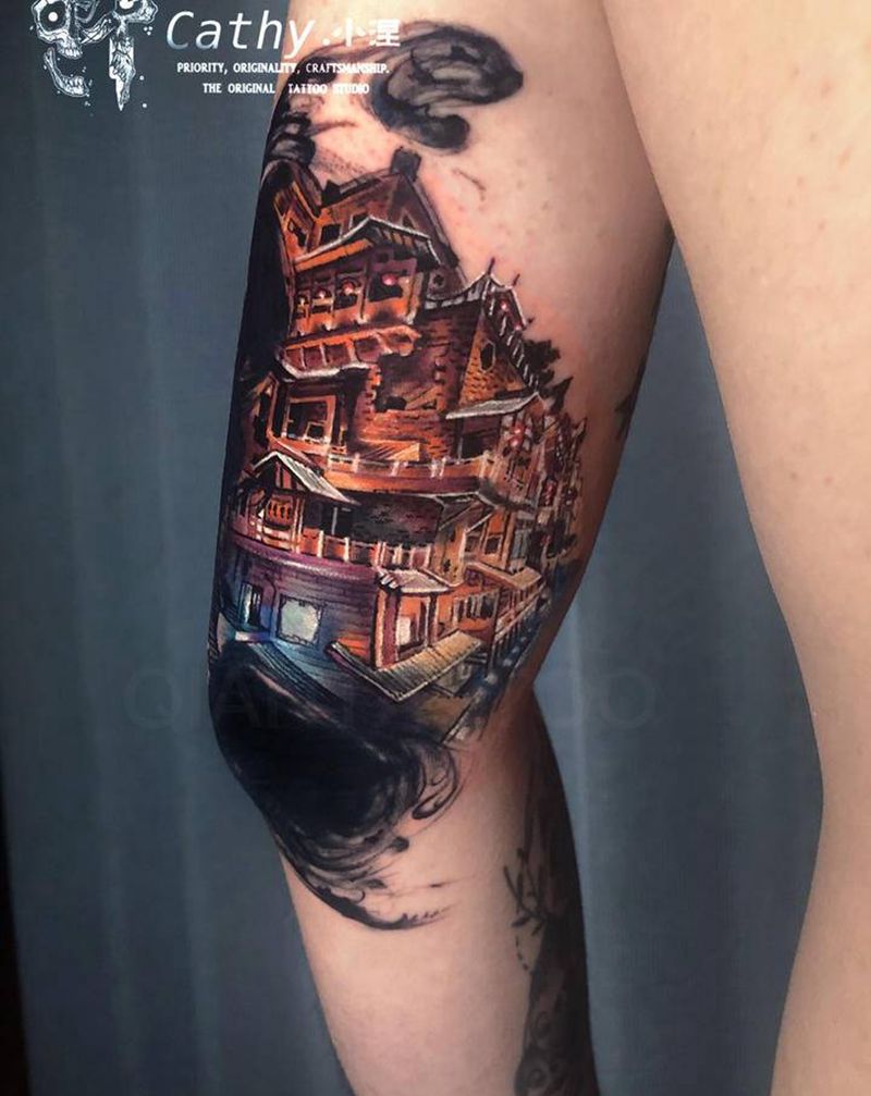 洪崖洞纹身图片_手臂欧美写实重庆洪崖洞原创设计彩色写实纹身图案