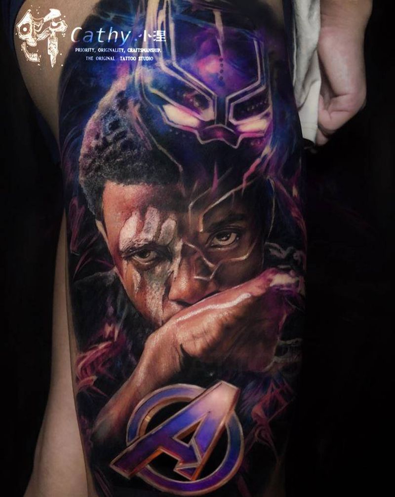 漫威黑豹纹身图片_腿部欧美写实重庆店原创设计瓦坎达万岁纹身图案