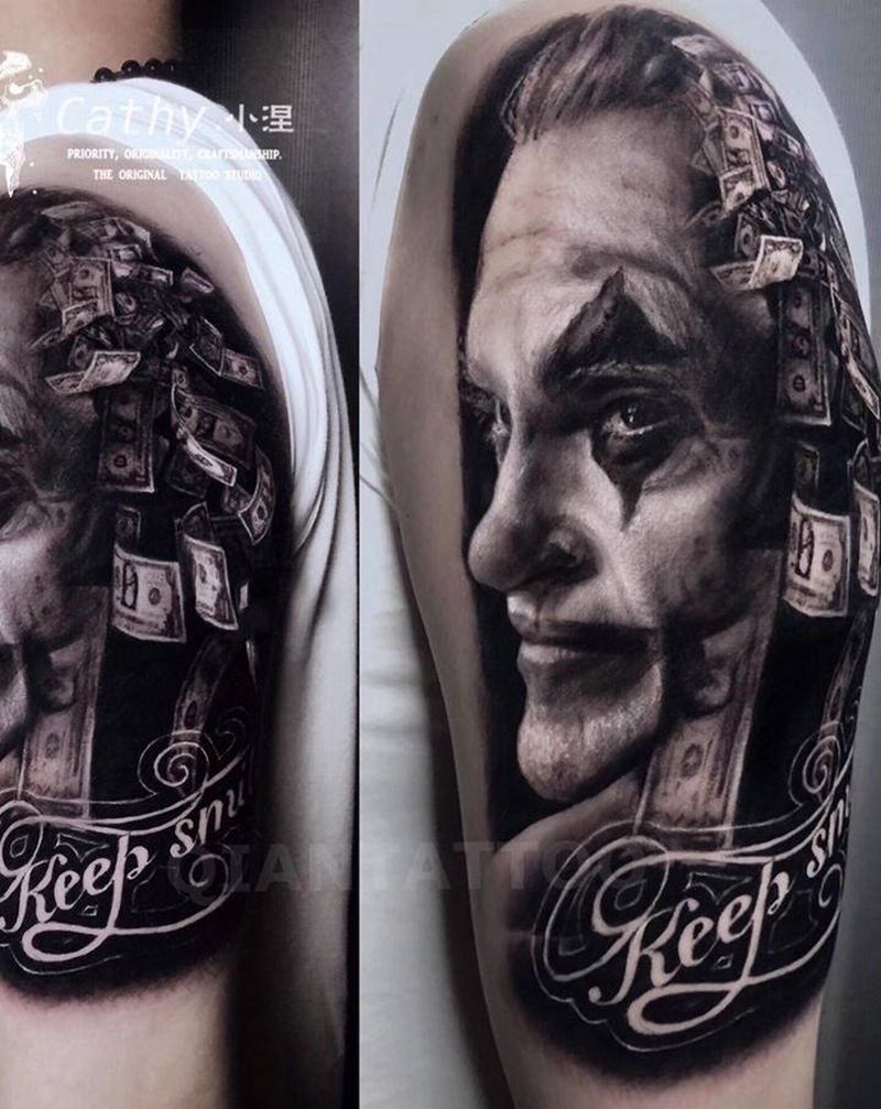 joker纹身图片_手臂欧美写实重庆黑灰写实小丑写实纹身图案