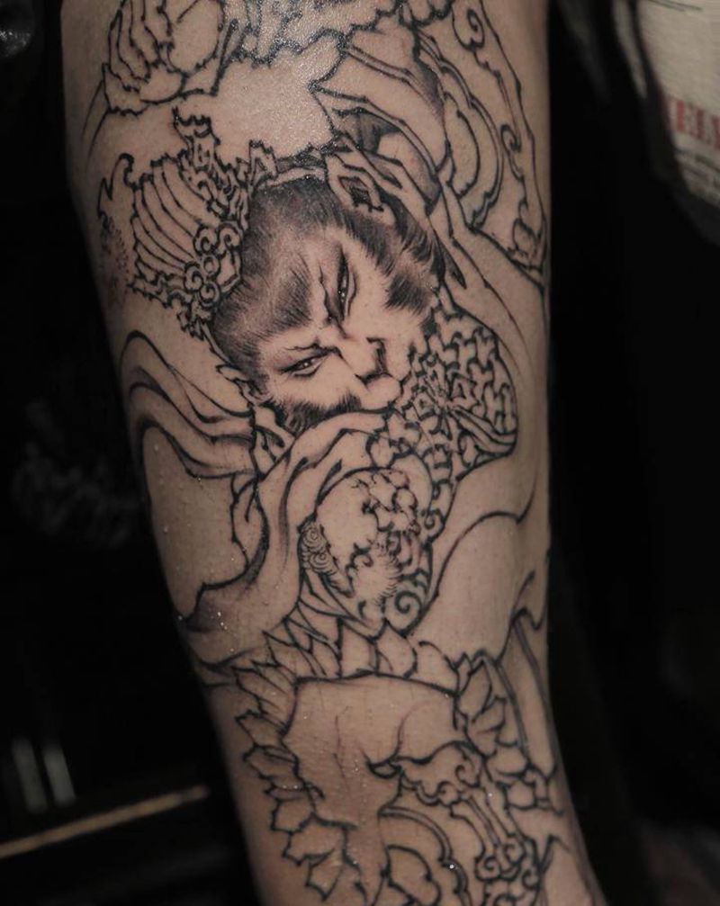 大圣白描部分纹身图片_腿部手臂新传统水墨齐天大圣斗战胜佛孙悟空纹身图案