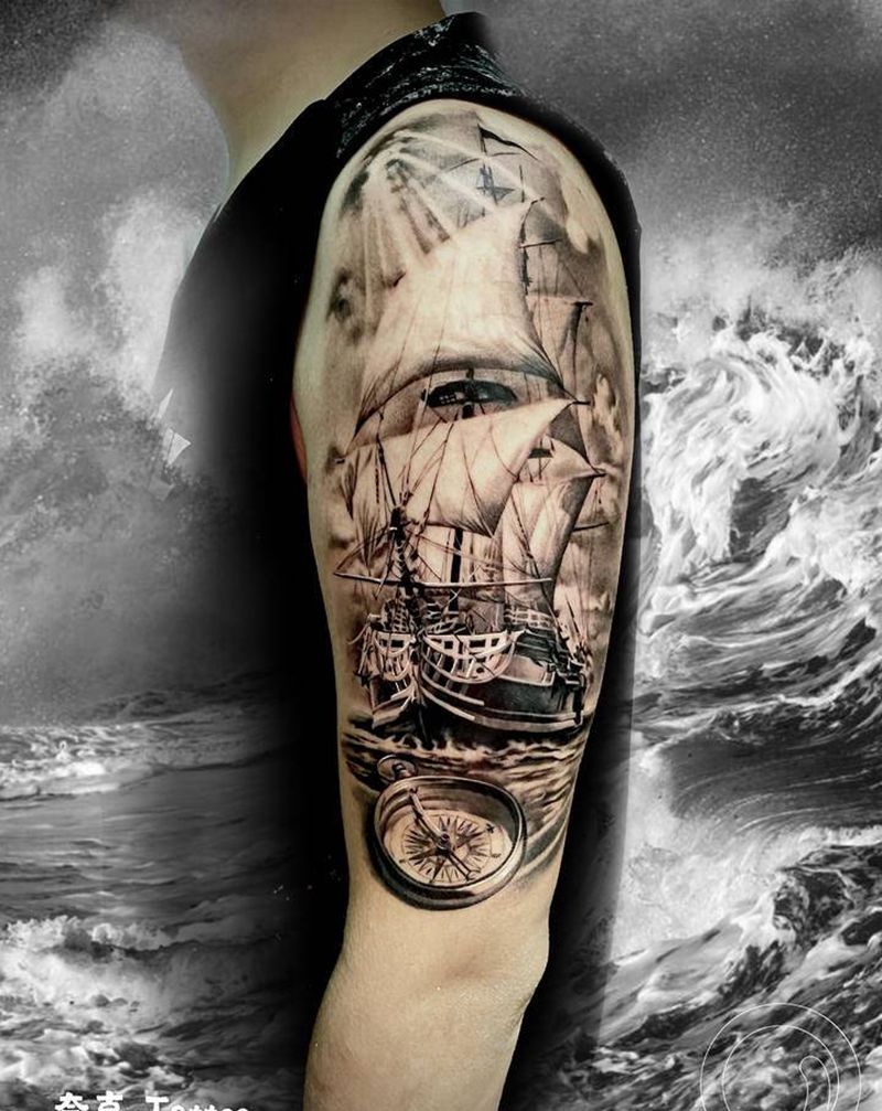 乘风破浪纹身图片_手臂脚部欧美写实帆船海浪天空纹身图案