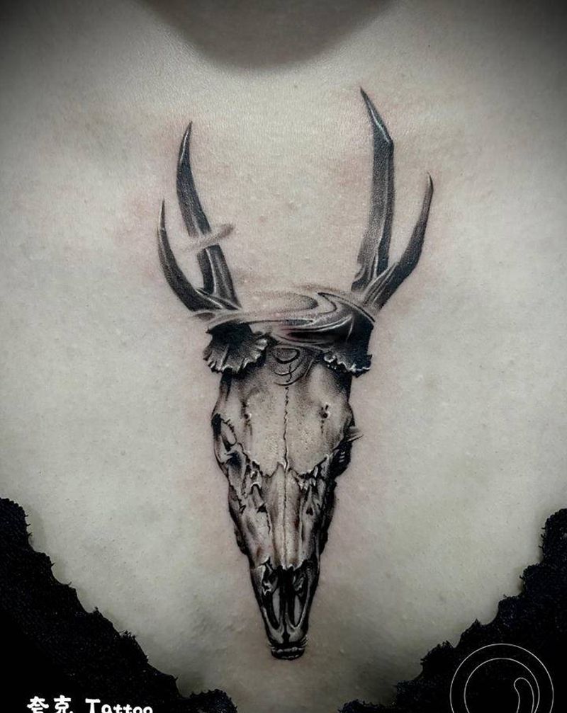 羊头(遮盖)纹身图片_胸部欧美写实点刺纹身图案