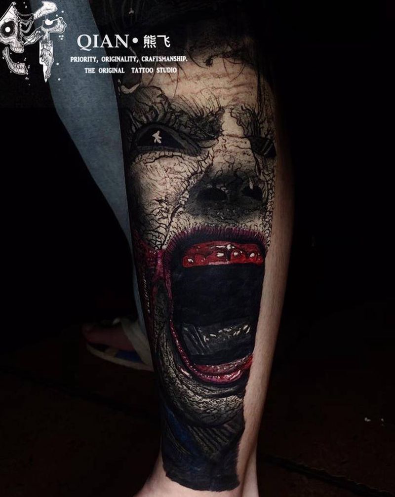 临摹ins作品暗黑写实纹身图片_腿部欧美写实暗黑血腥ins临摹作品纹身图案