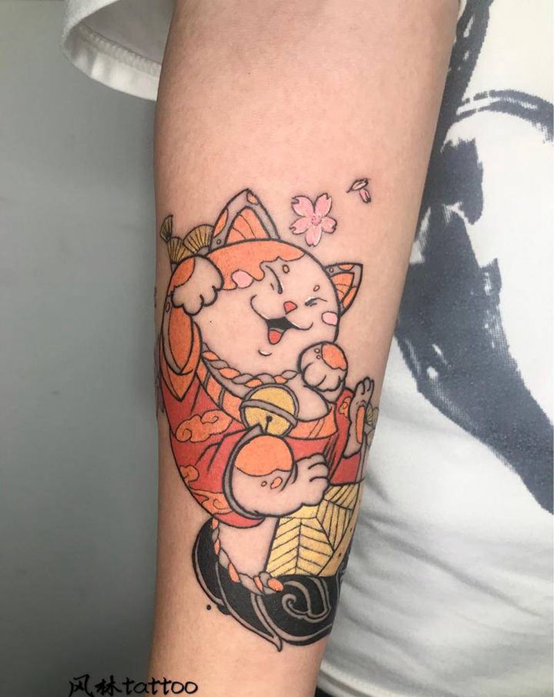 招财猫纹身图片_手臂新传统招财猫纹身图案