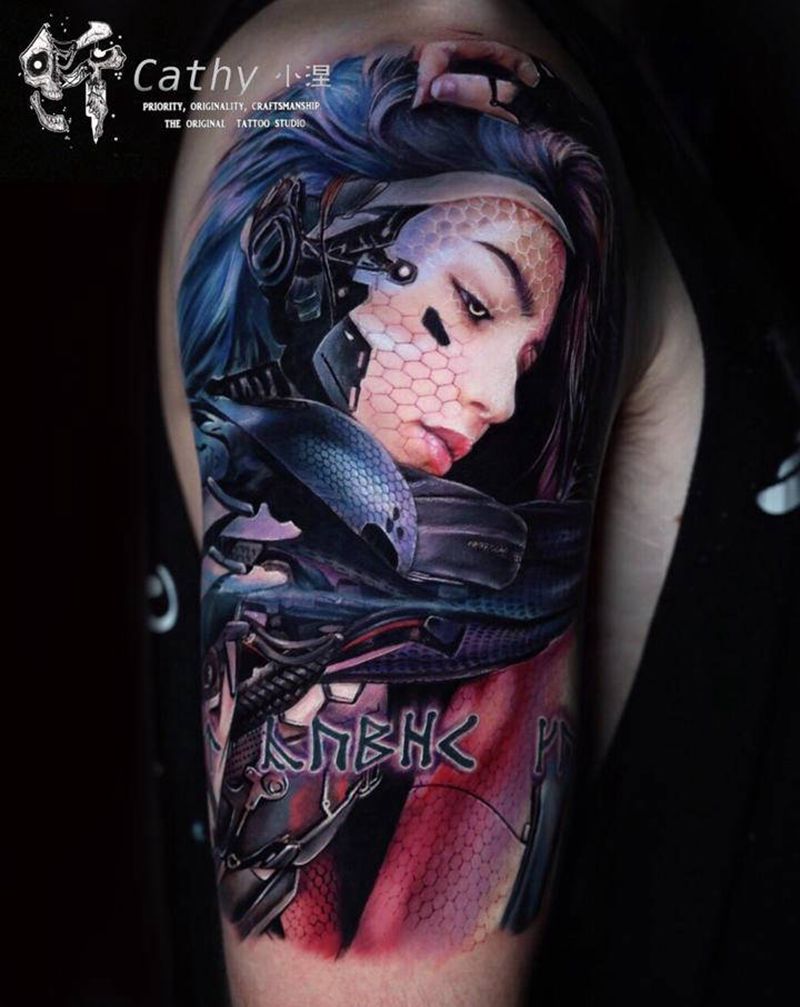未来机械女战士纹身图片_手臂欧美写实原创重庆欧美彩色纹身图案