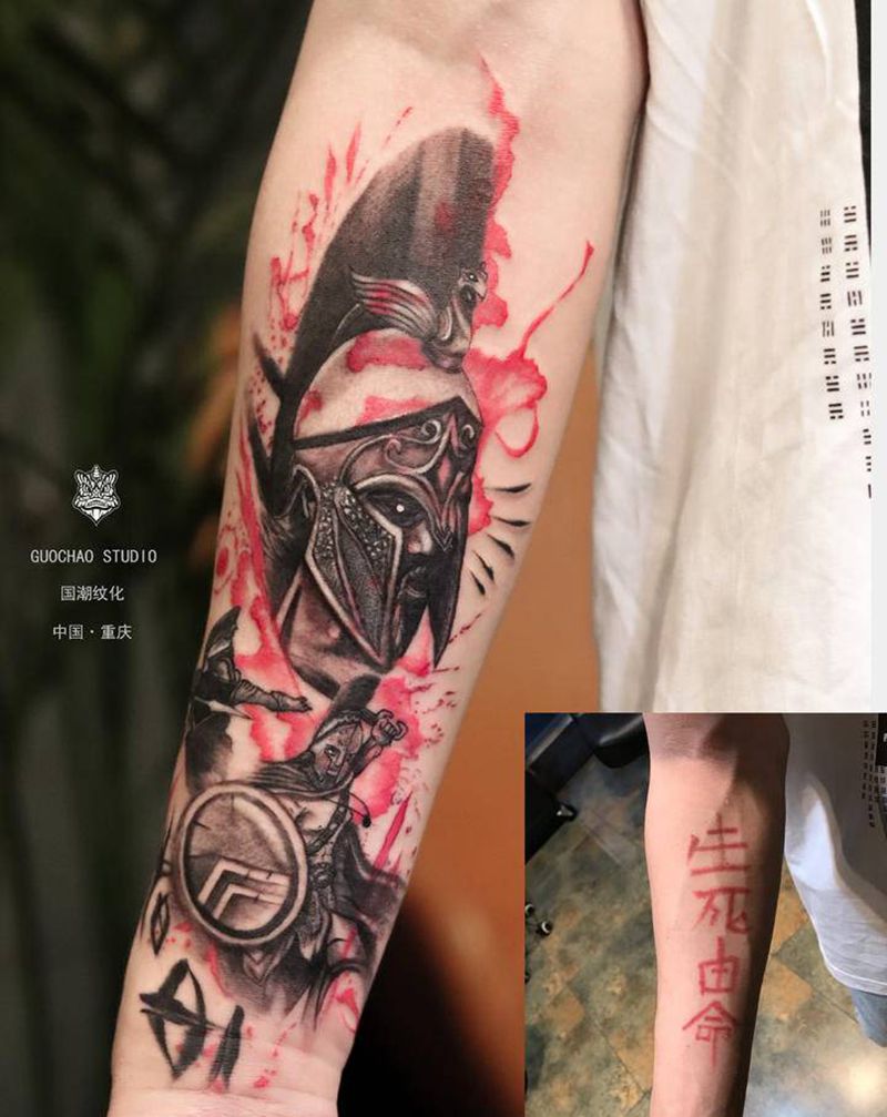 斯巴达纹身图片_手臂欧美写实纹身图案