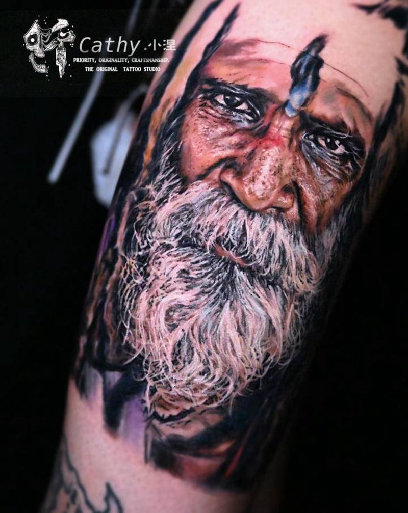 肖像—老爷爷纹身图片_腿部欧美写实彩色写实肖像写实重庆纹身图案