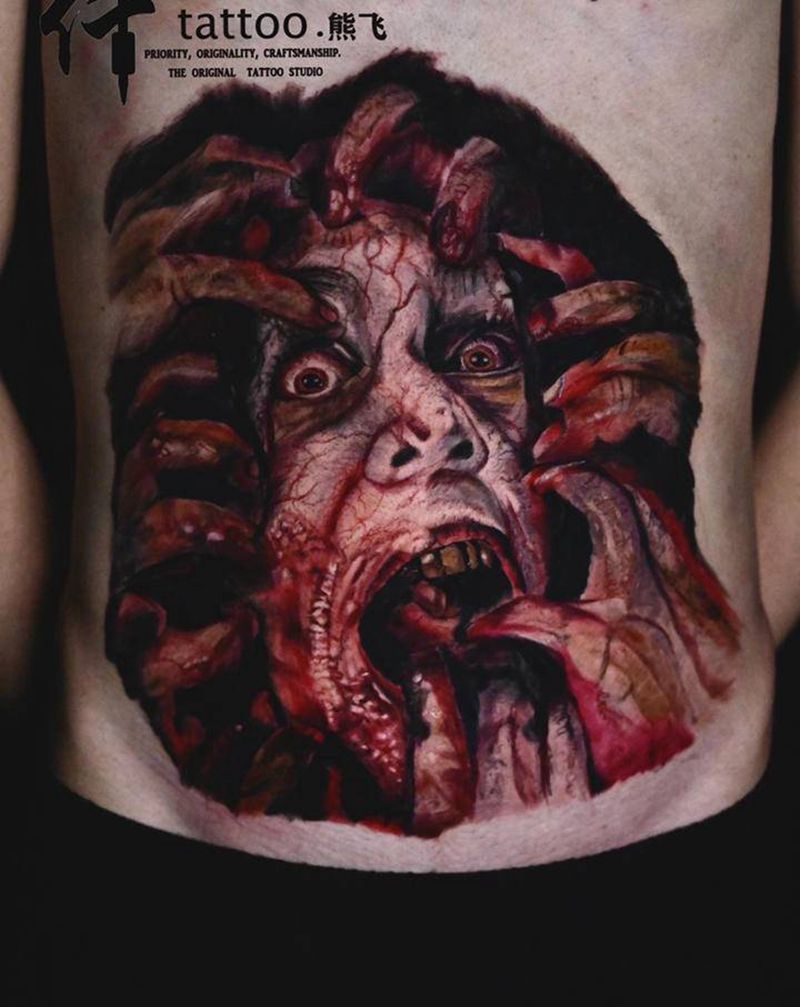血腥恐怖写实纹身图片_腹部腰部欧美写实血腥恐怖纹身图案