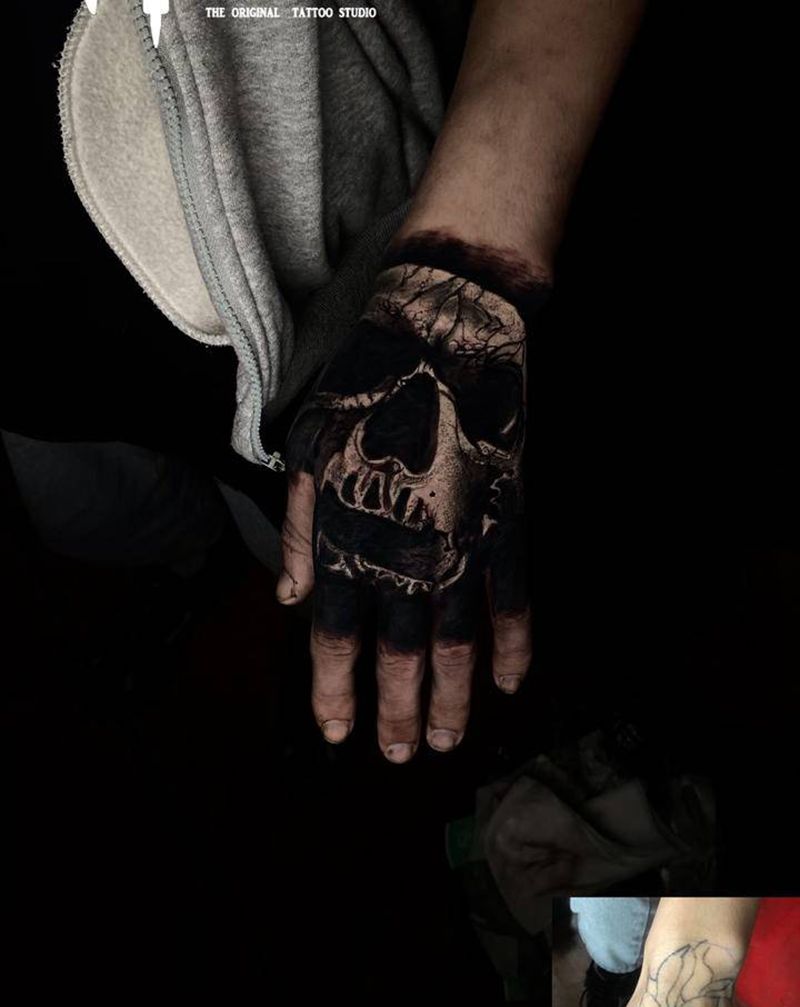 骷髅纹身图片_手部欧美写实暗黑纹身图案