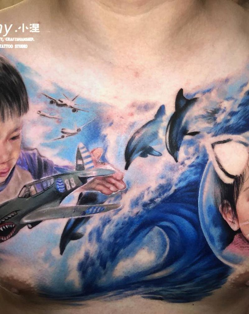 原创彩色写实花胸纹身图片_胸部欧美写实原创设计彩色写实肖像写实纹身图案