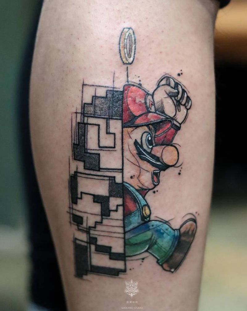 超级玛丽纹身图片_腿部Old School纹身图案