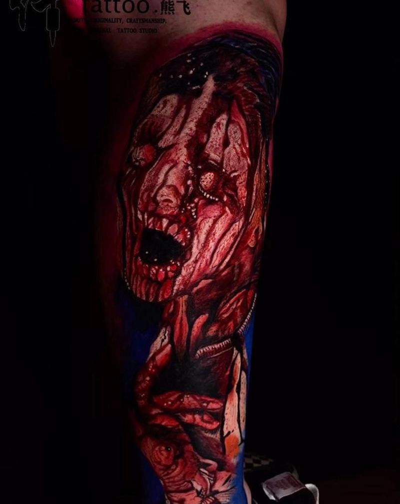 暗黑血腥写实纹身图片_腿部欧美写实血腥写实暗黑写实重庆纹身图案