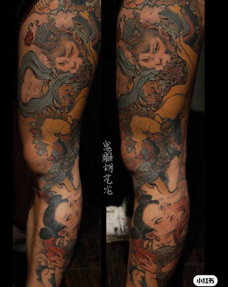 闹天宫纹身图片_腿部手臂老传统新传统中国风齐天大圣孙悟空纹身图案