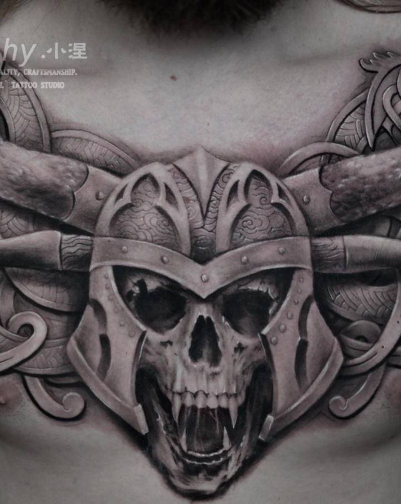 浮雕花胸纹身图片_胸部欧美写实原创设计重庆黑灰写实纹身图案