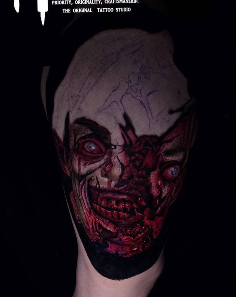 血腥恐怖纹身图片_腿部欧美写实血腥，恐怖纹身图案