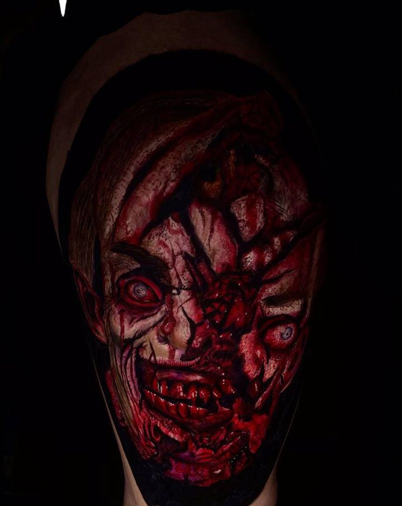 胆小误入纹身图片_腿部欧美写实暗黑暗黑血腥重庆纹身图案