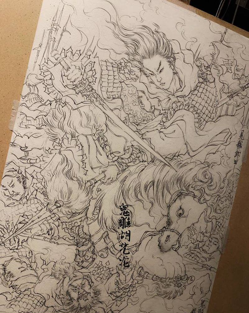 长坂坡见龙卸甲手稿纹身图片_腿部背部新传统水墨手稿中国风赵云纹身图案