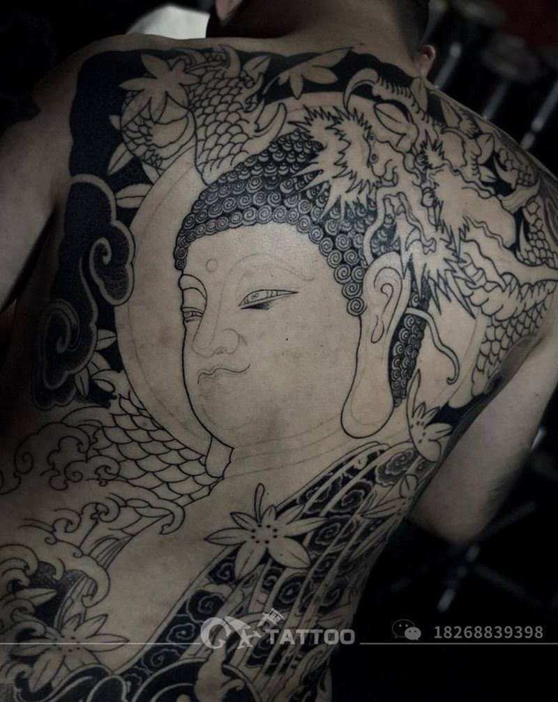佛纹身图片_背部新传统鬼绣文化纹身图案
