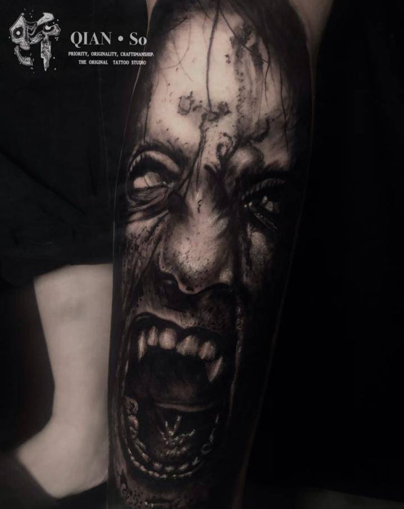 暗黑写实纹身图片_腿部欧美写实暗黑黑灰写实肖像纹身图案