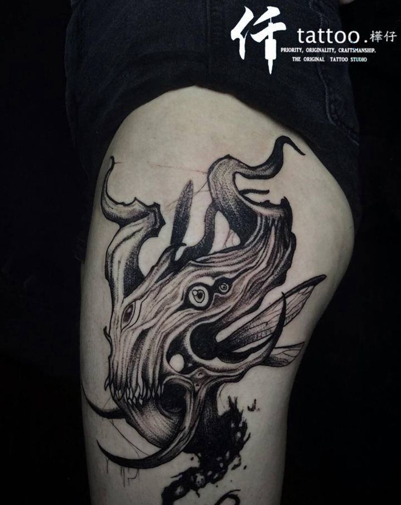 暗黑school纹身图片_腿部New School点刺暗黑school暗黑school纹身图案