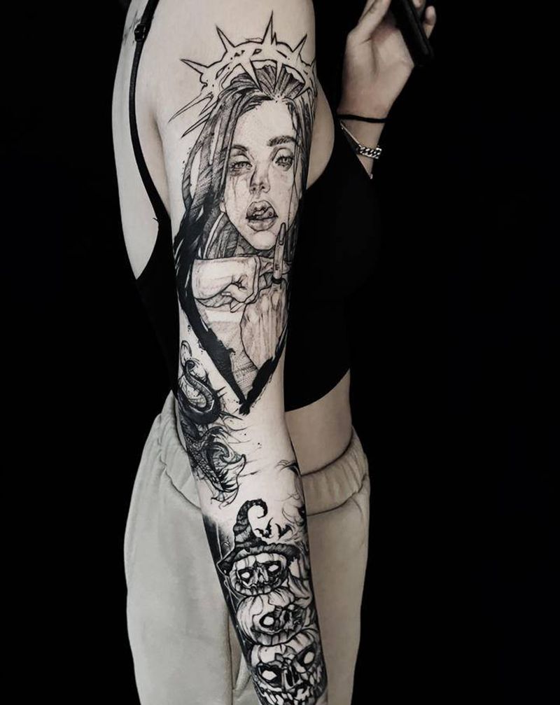 暗黑拼接花臂纹身图片_手臂点刺暗黑纹身图案