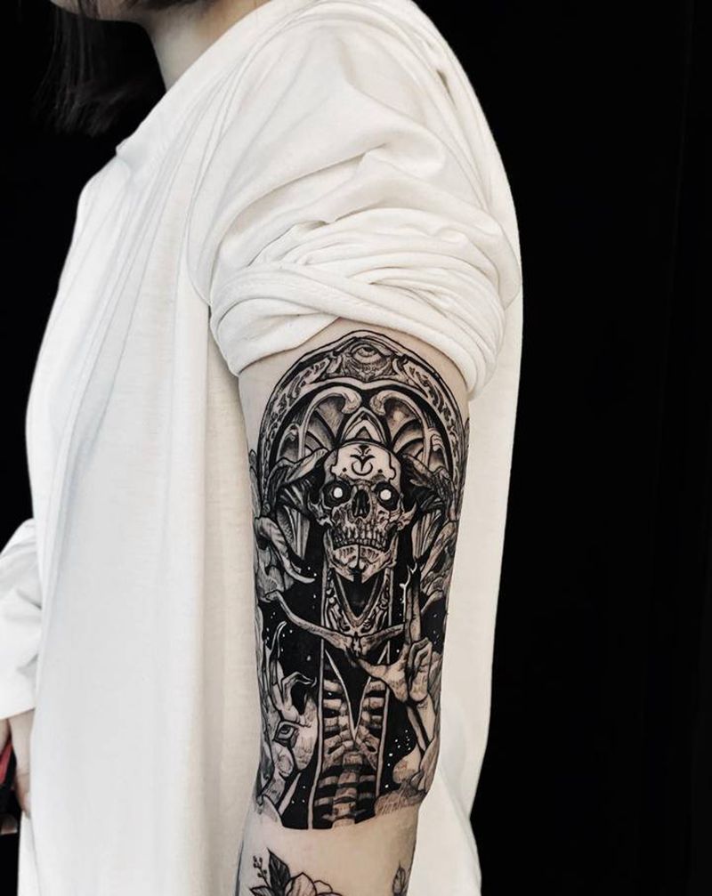 暗黑骷髅纹身图片_手臂点刺骷髅纹身图案