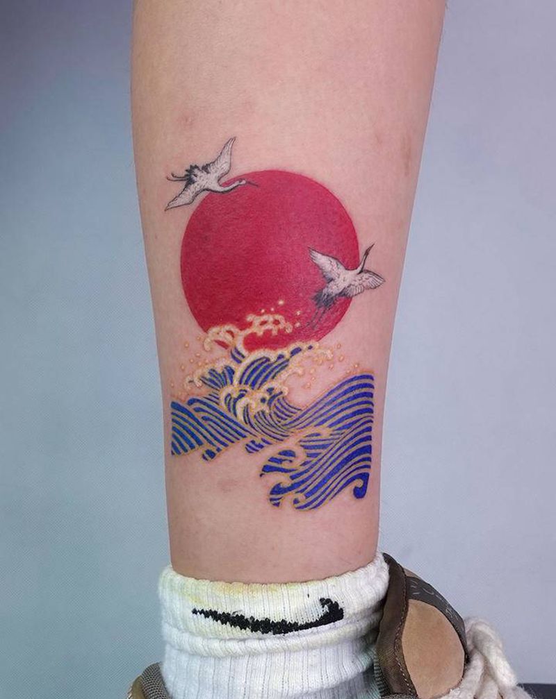 鹤纹身图片_腿部插画纹身图案