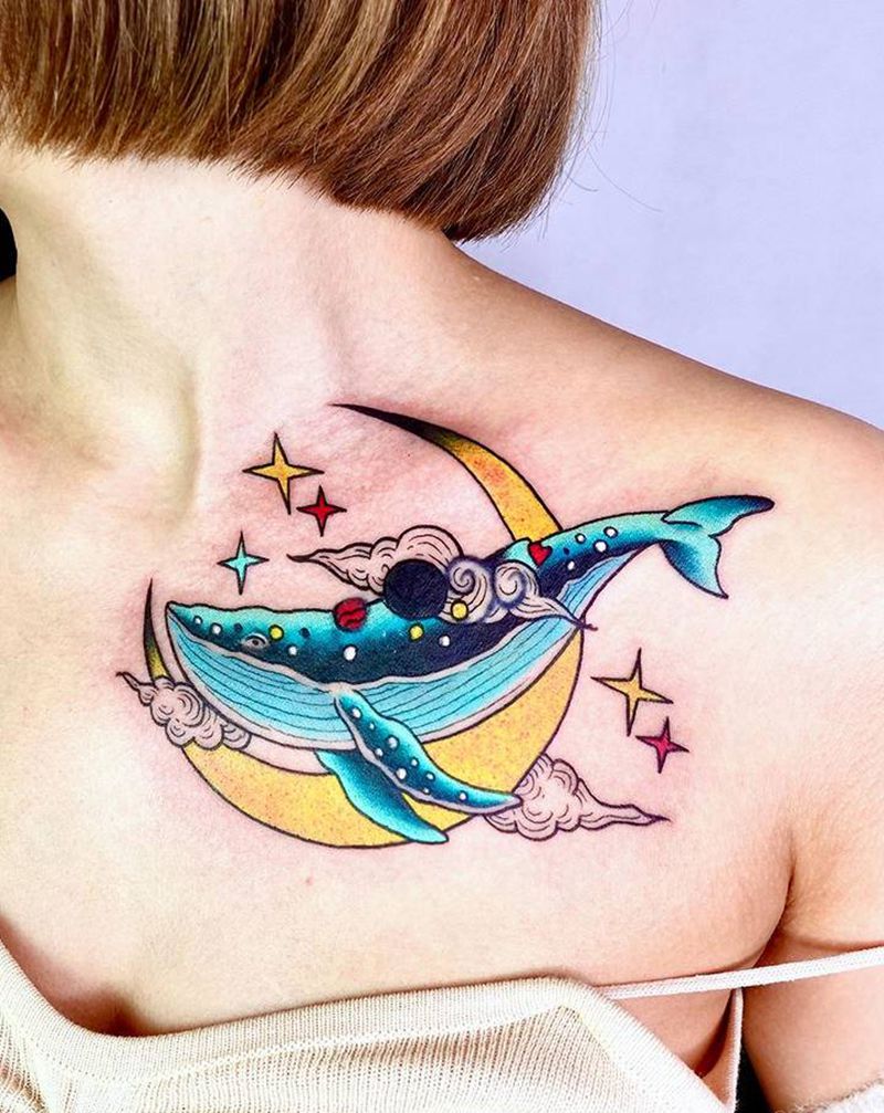 鲸鱼遮盖纹身图片_肩部New School纹身图案