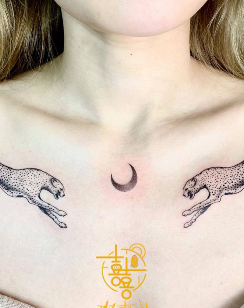 花胸豹子纹身图片_胸部欧美写实纹身图案