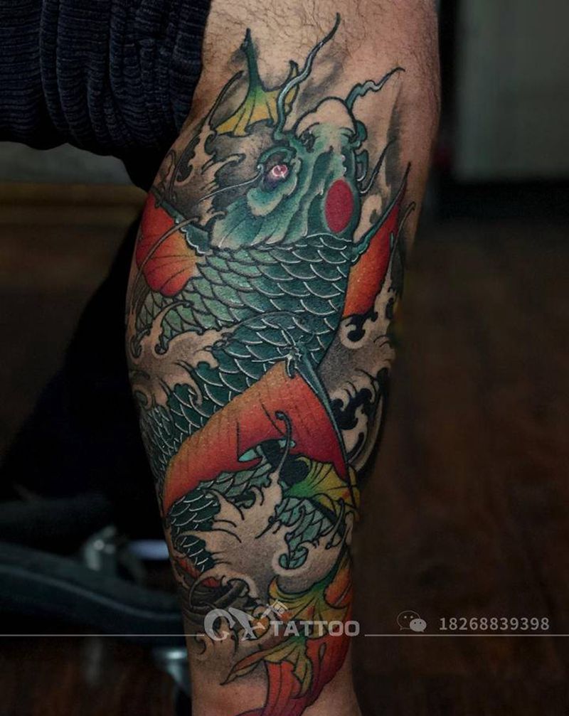 鲤鱼纹身图片_腿部新传统鱼鲤鱼鬼绣文化纹身图案