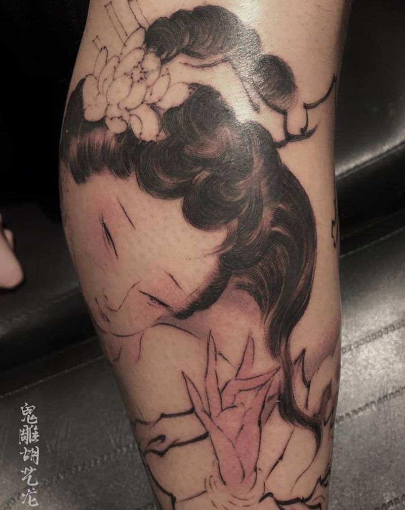 半成品发丝局部纹身图片_手臂腿部新传统水墨中国风人物仕女纹身图案