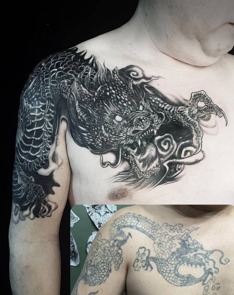 过肩龙遮盖纹身图片_手臂胸部老传统纹身图案