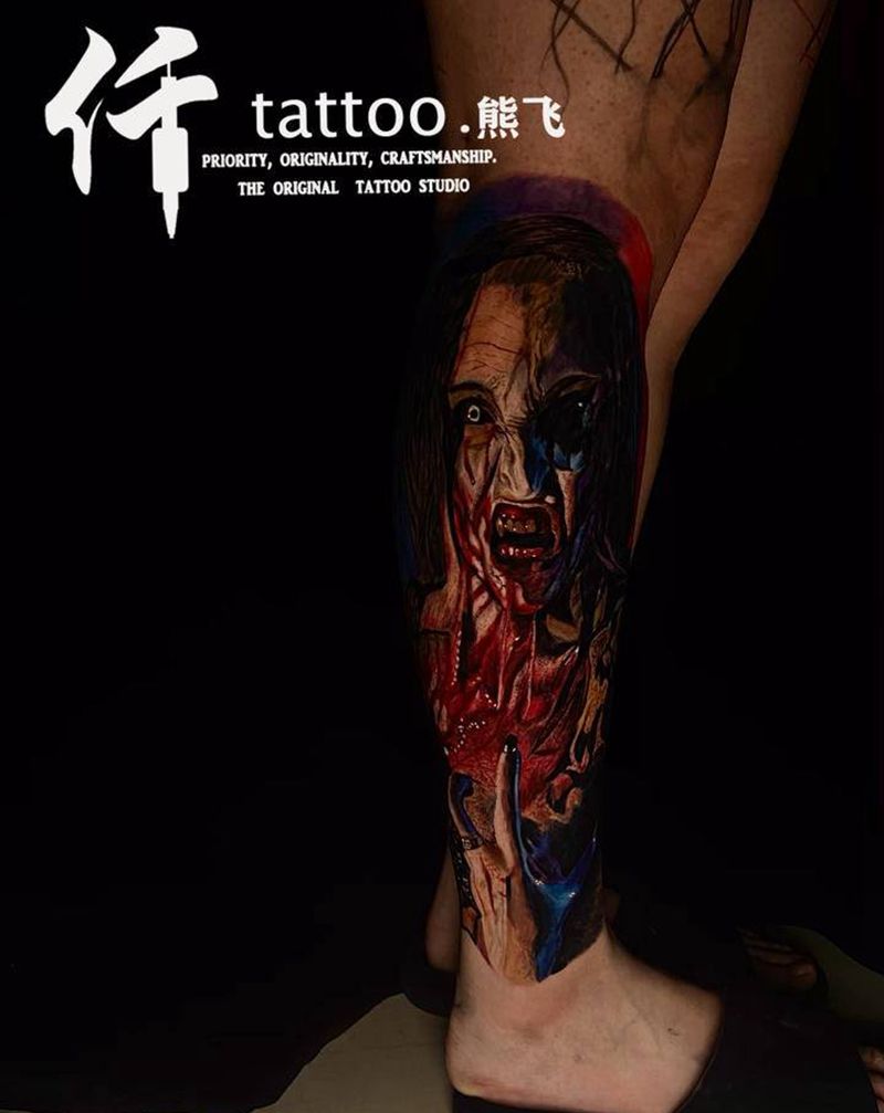 血腥恐怖写实纹身图片_腿部欧美写实血腥，恐怖纹身图案