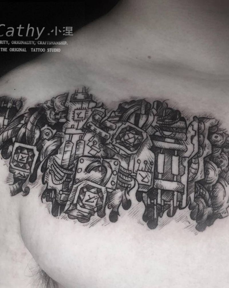 私人定制纹身图片_胸部几何点刺原创设计重庆胸口纹身图案